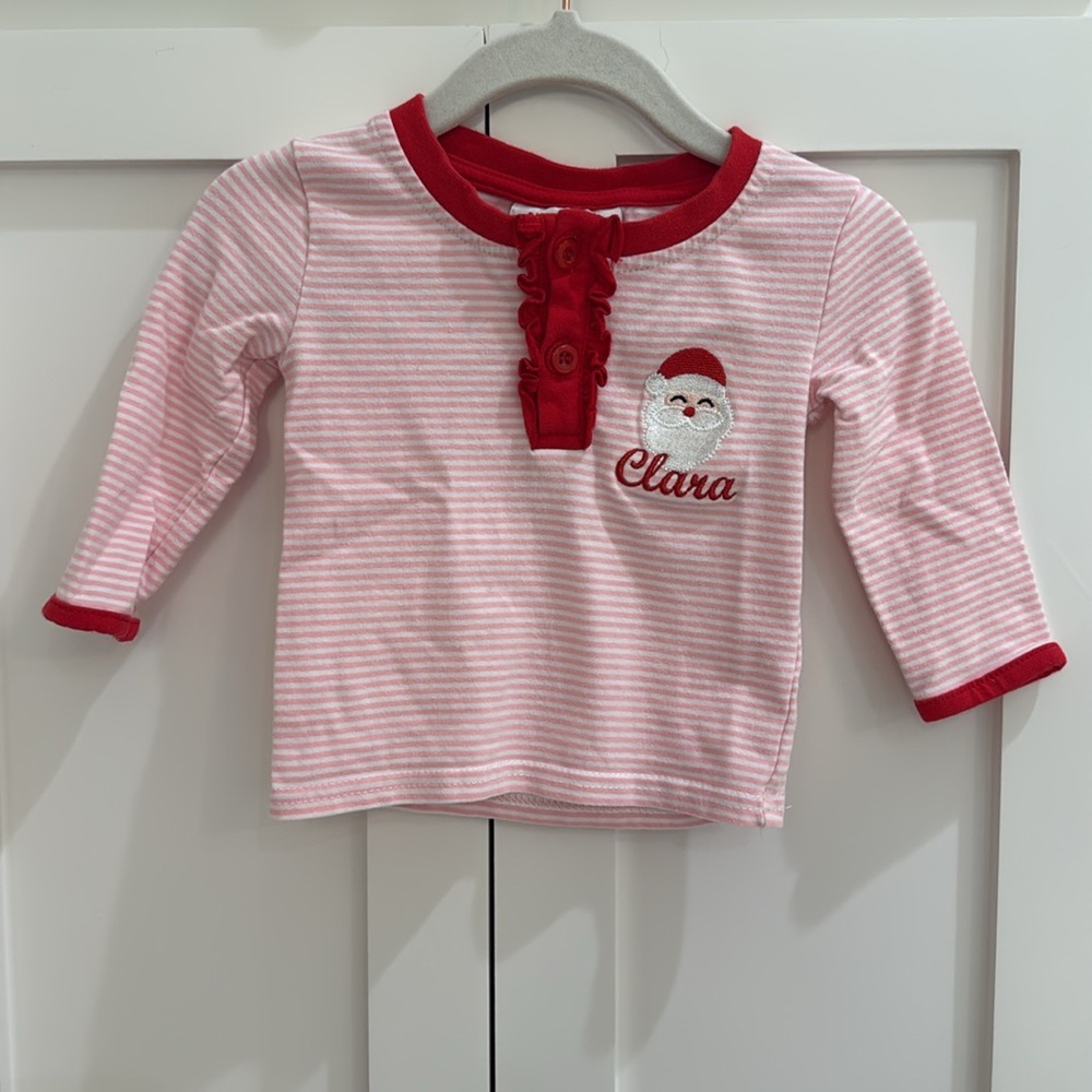 Jellybean Santa Embroidery Ruffle Pants PJ Set Monogrammed Clara 6M - Picture 2 of 7